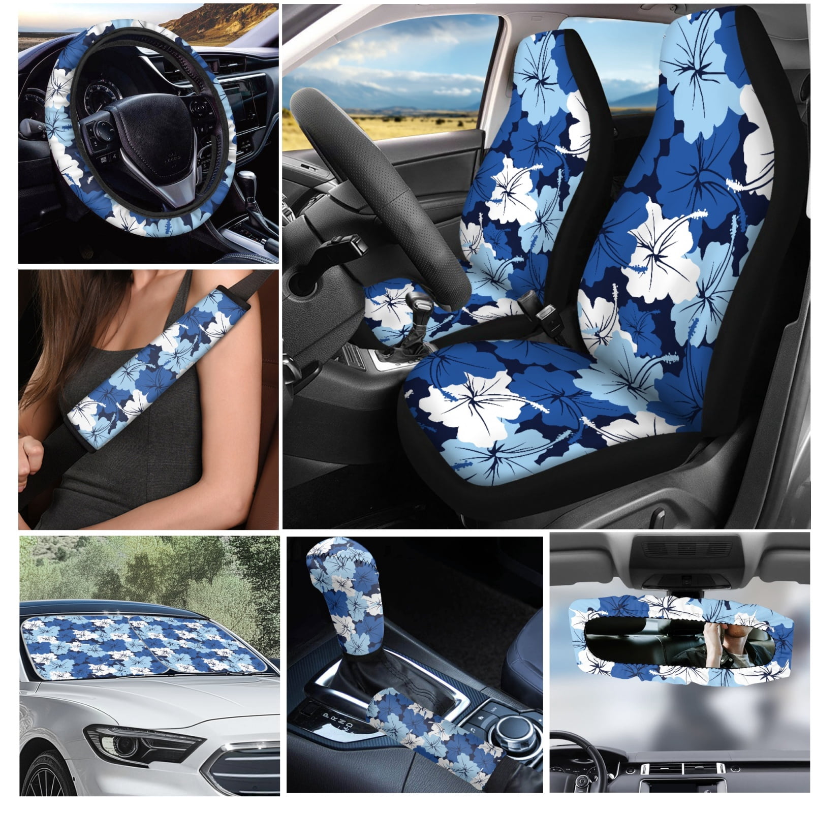 Yuyamidu Blue Hibiscus Car Seat Covers Full Set of 16 Flower Steering Wheel Cover Seatbelt Pads Coasters Sunshade Rear View Mirror Cover Key ChainGear Shift Cover Hand Brake Cover Universal Fit