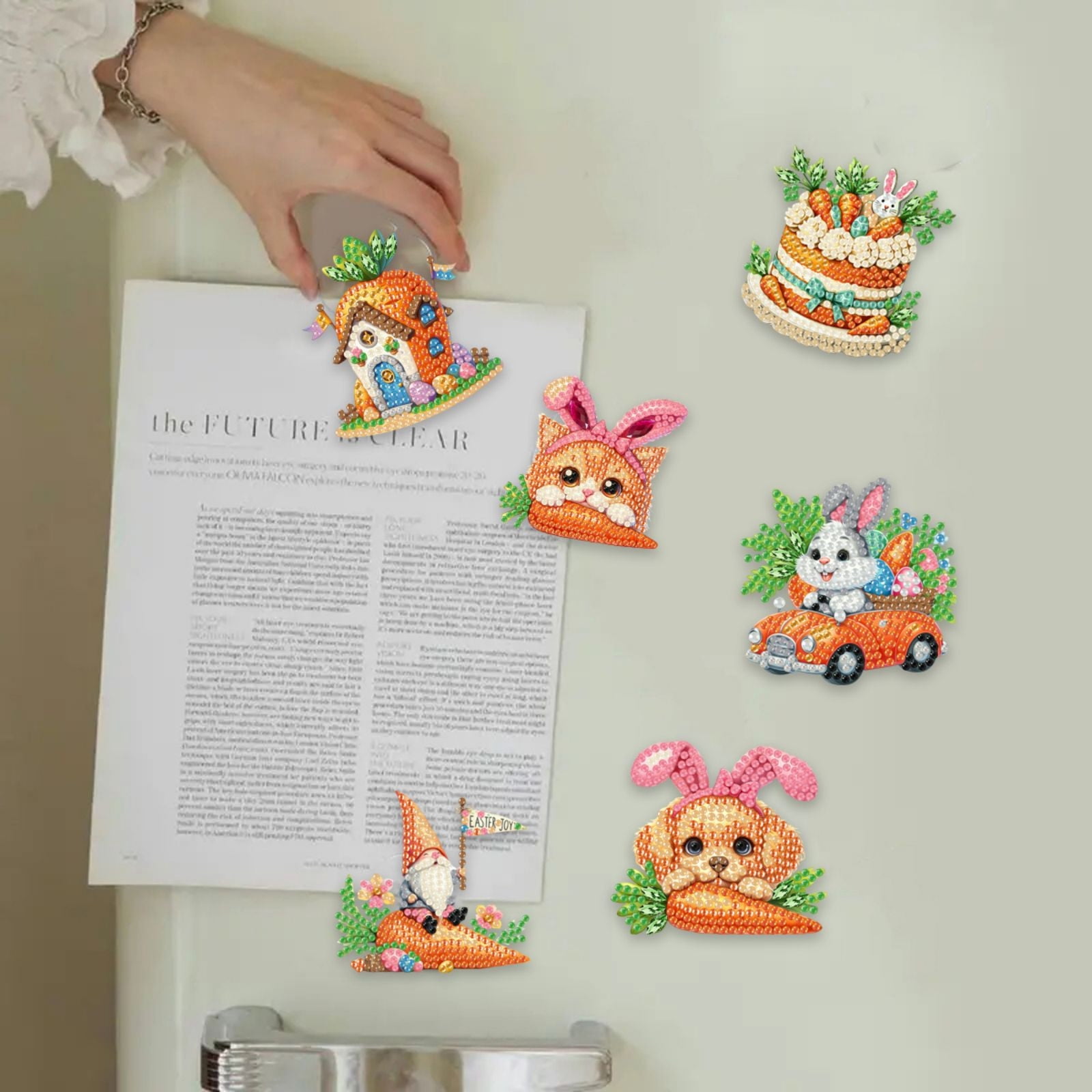FLOPESN 6Pcs Holiday DIY Diamond Art Painting Refrigerator Magnet,Creative Design Easter St. Patrick's Day Acrylic Home Decors-Carrots