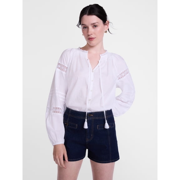 Scenario Women's and Women's Plus Smocked Neck Top with Lace Inserts, Sizes XS-4X