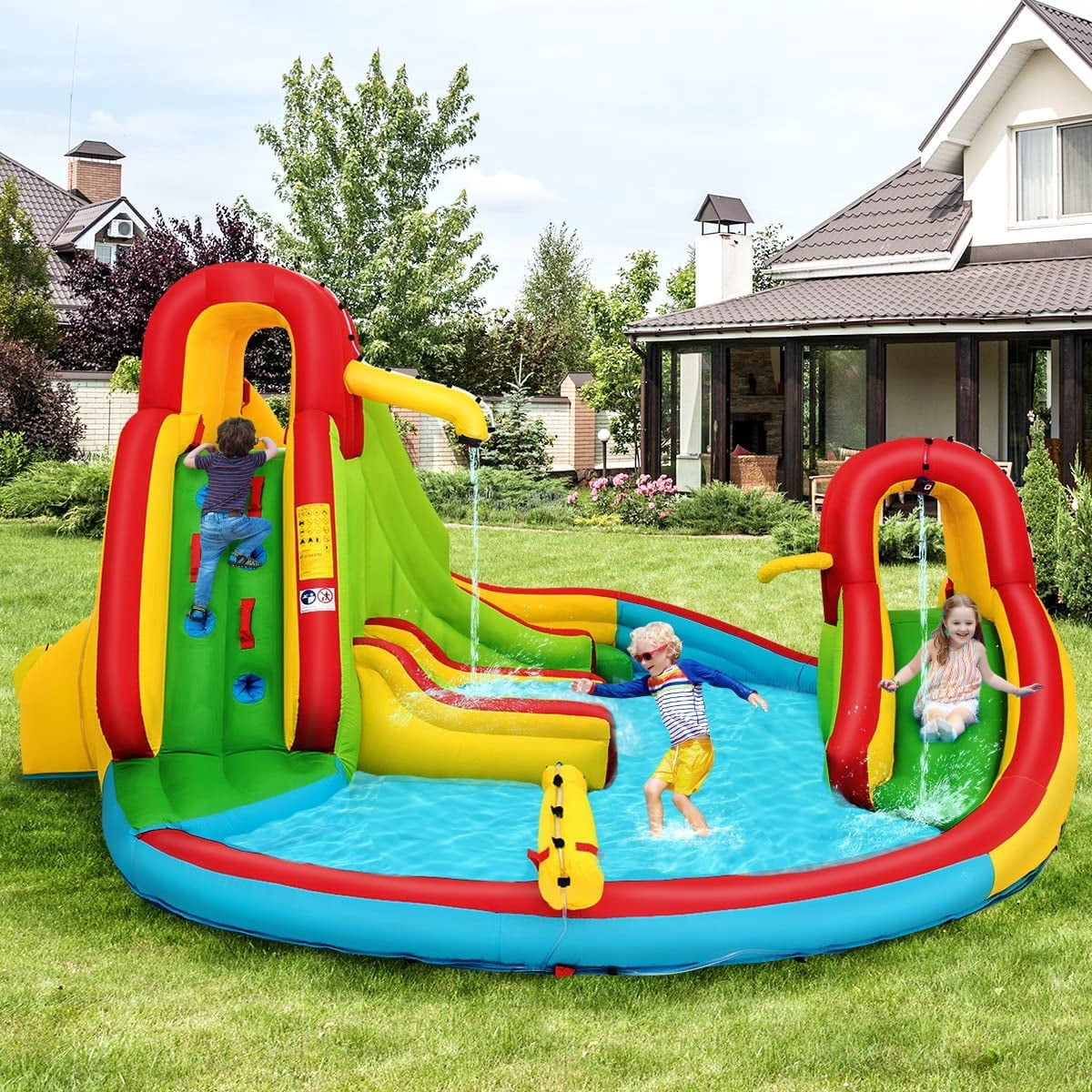 OLAKIDS Inflatable Water Slide, 7 in 1 Bounce House with 2 Slides, Climbing Wall, Splash Pool, Basketball Rim, 2 Water Blasters, Jumping Castle with Carrying Bag, Repairing Kit, Hose