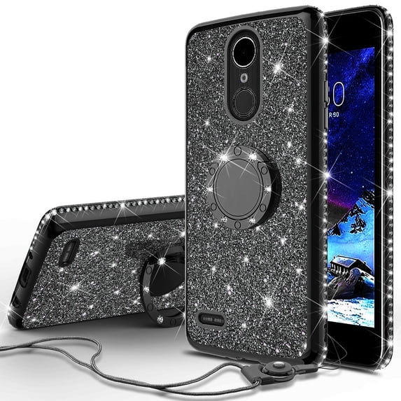 Compatible for LG Stylo 5 Case, LG Stylo 5 Plus Case, LG Q Stylus Case, SOGA Glitter Diamond Rhinestone TPU Phone Cover with Ring Stand and Lanyard Girls Women Cover (Black)
