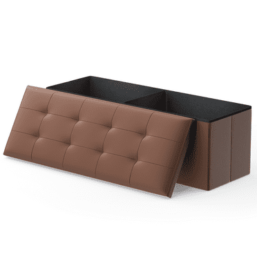 Sptwo  43" Storage Ottoman Bench Folding Bench with 130 Hidden Storage, Large End of Bed Bench PU Leather Foot Rest Stool Chest with Flipping Lid for Living Room, Bedroom, Entryway, Brown