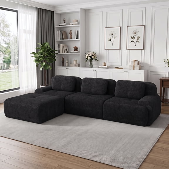 118"Modern L-Shape Modular Sectional Sofa with Chaise, Boneless Cloud Couch for Living Room, Chenille Fabric 3 Oversized Seats black