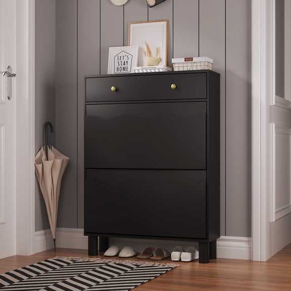 Hironpal Black Shoe Cabinet Storage for Entryway Hallway, Freestanding Shoe Cabinet Organizer with 2 Flip & 1 Pull-Out Drawers, 4 Soild Wood Legs, Modern Shoe Rack Cabinet for Front Door Entrance