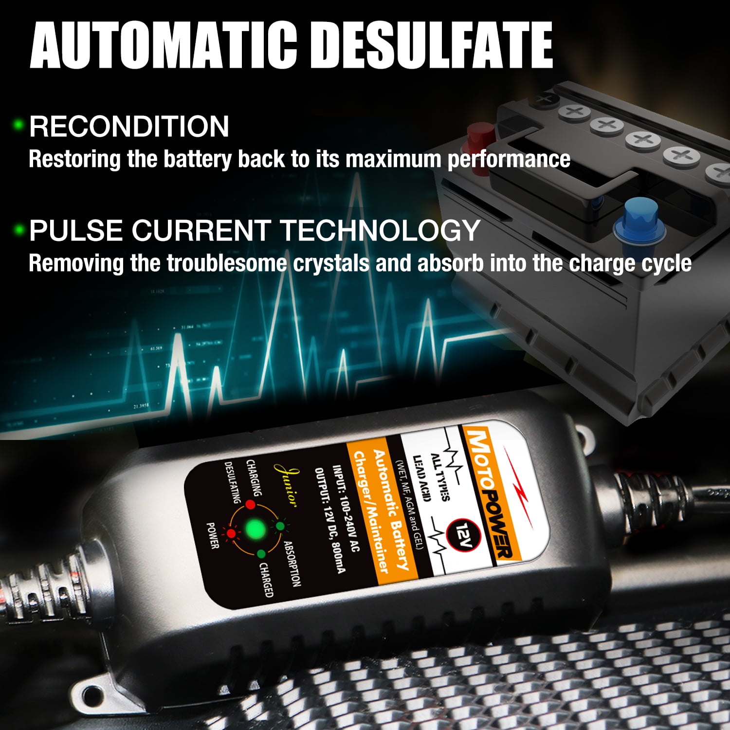 MOTOPOWER 12V 800mA Fully Automatic Battery Charger Battery Maintainer Trickle Charger Desulfator