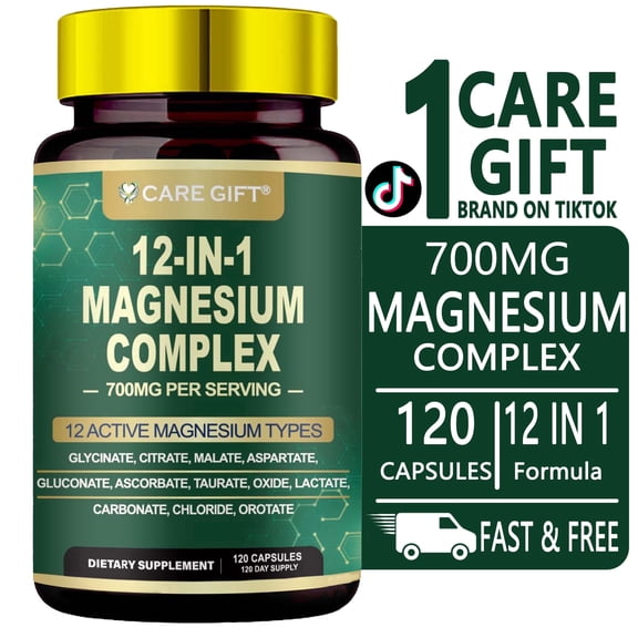 12-in-1 Magnesium Complex 700mg - High Absorption Multi-Source Mineral Supplement with Glycinate Citrate Malate for Nighttime Sleep Muscle, 120ct