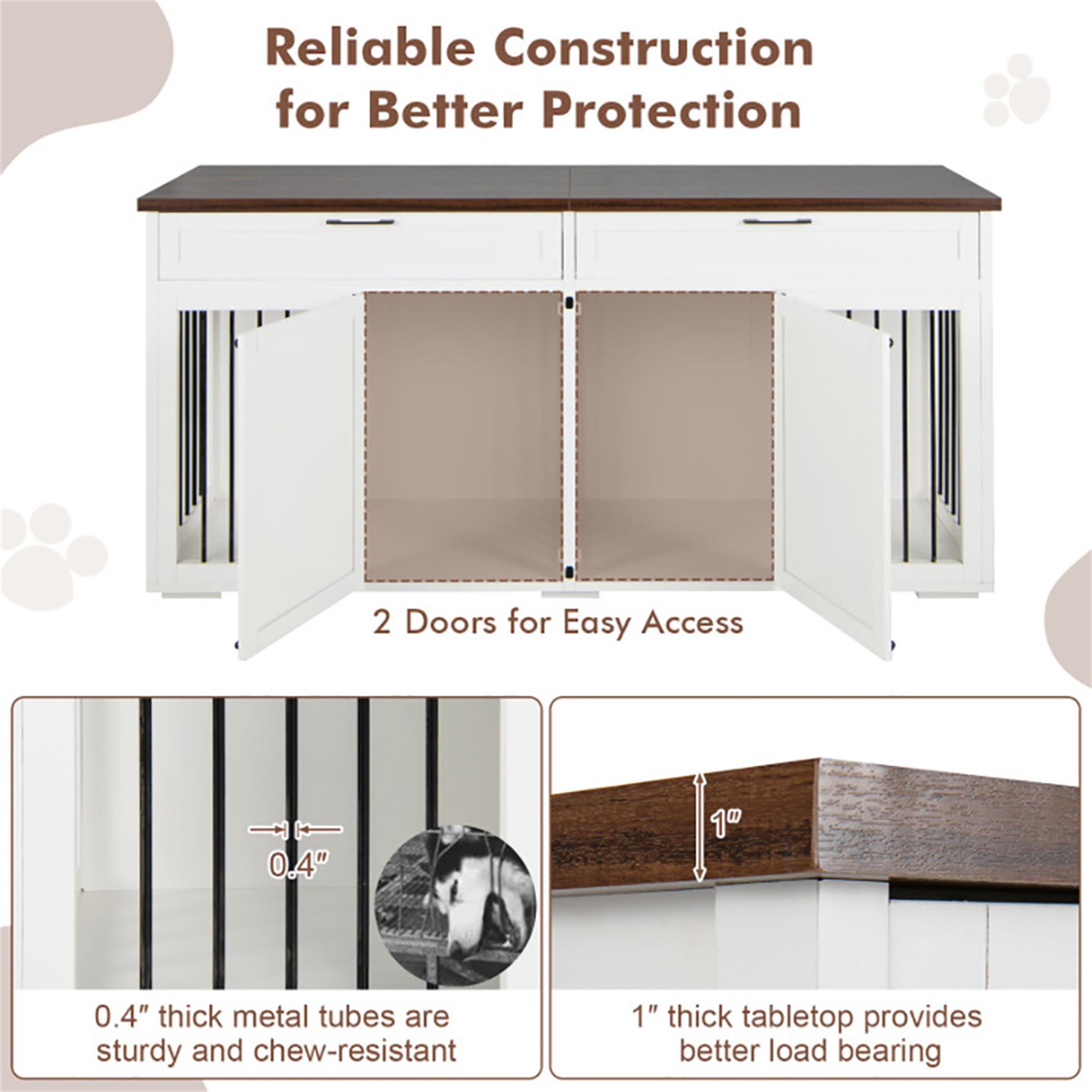 resenkos 72" Double Door Dog Crate with Partition for Two Puppies, Furniture Style Dog Cages, Indoor Wood Kennel with Room Divider, White