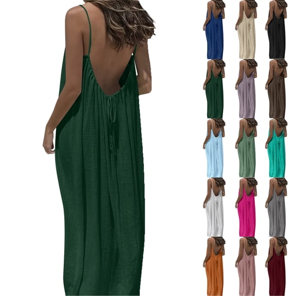 Summer Dresses for Women Fashion Women Summer Round-Neck Casual Solid Sleeveless Sleepshirts Sling Backless Dress Army Green L