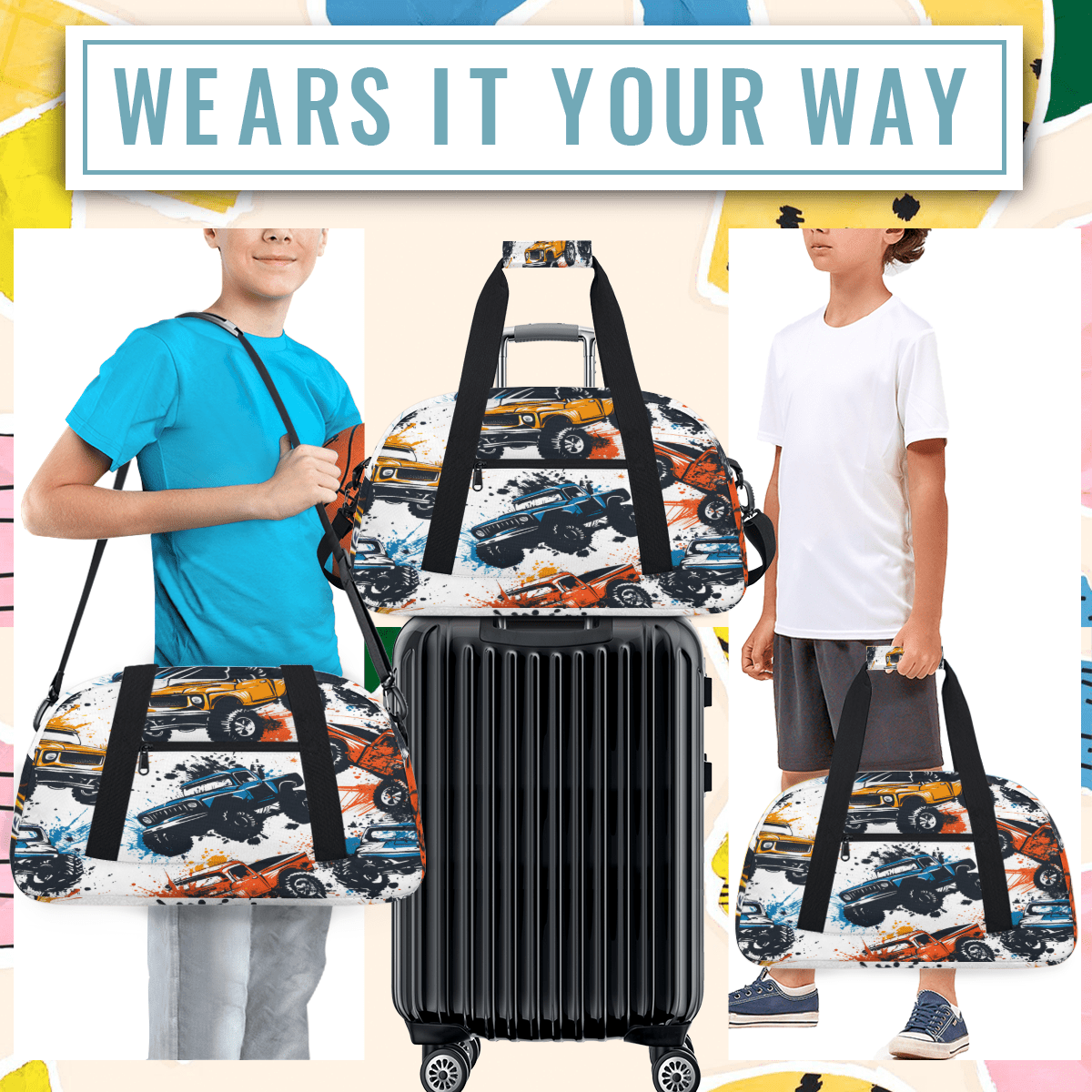 Herdesigns Sports Duffle Bags Travel Duffle Bag Gym Bag Monster Truck Car Weekender Travel Bag Waterproof Overnight Bag Carry On Travel Tote Bag Dance Bags