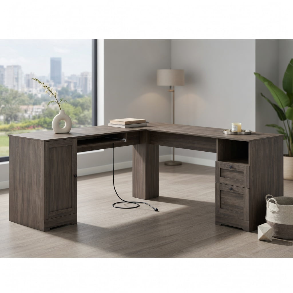 Demi Bonn 66 Inch L-shaped Computer Desk with Power Outlets Pull-out Keyboard Tray Storage Drawers Adjustable Shelf Cable Management Dark Gray Home Office Desk, Dark Gray