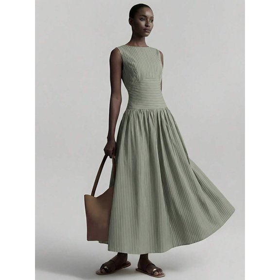 Green Striped Sleeveless Ruched Waist A-Line Maxi Dress, Casual Elegant Long Dress for Women
