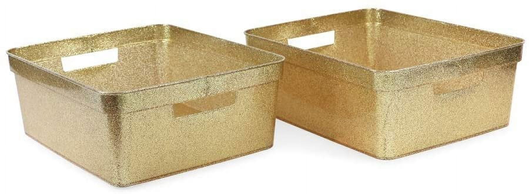 Isaac Jacobs Medium Glitter Storage Bin 14 x 11.5 x 5.5 Set w/Cut-Out Handles, Plastic Organizer, Multi-Functional, Home Storage Solution, 2, Gold