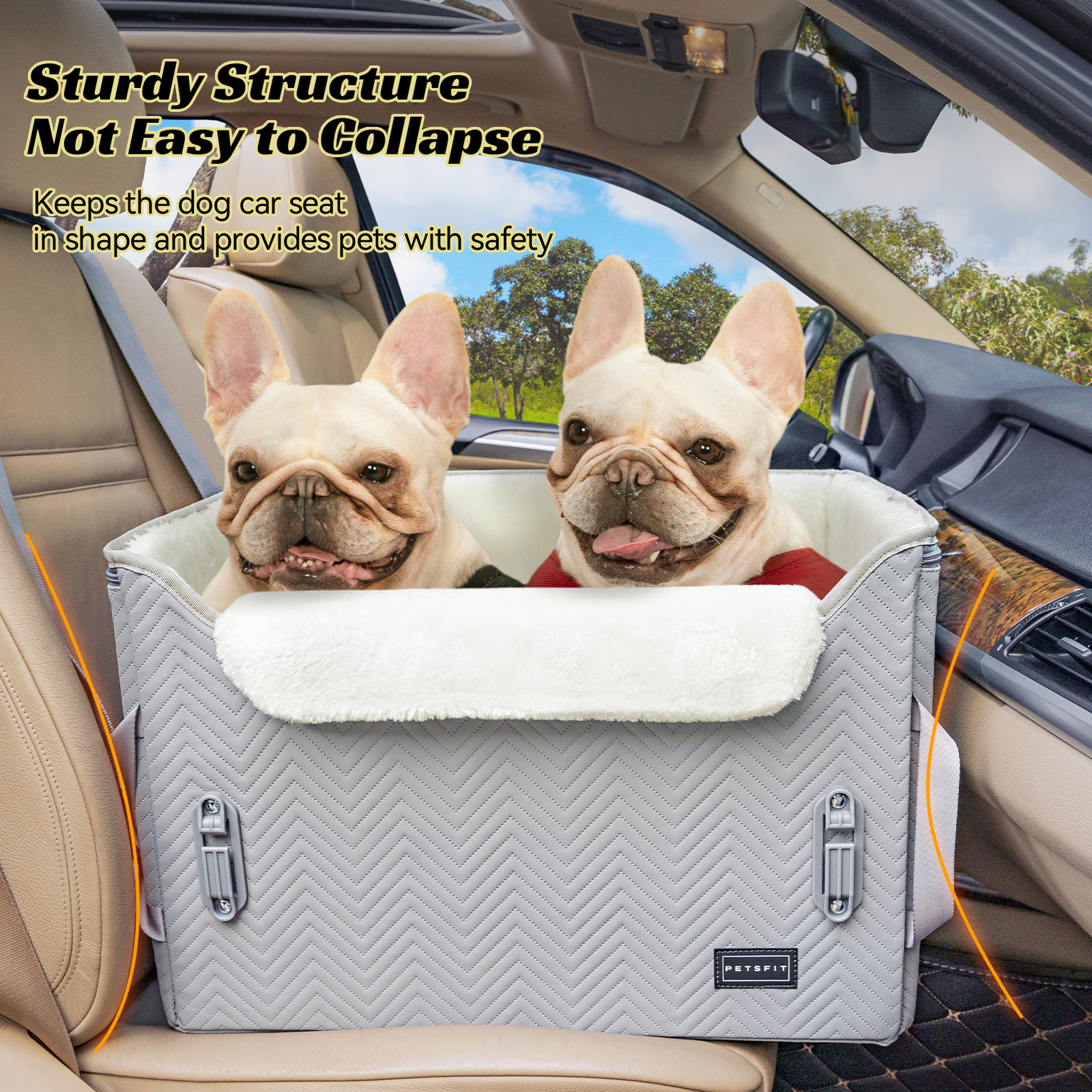 PETSFIT Dog Booster Car Seat, Waterproof PU Leather Car Seat for Dogs with Patented Safe Buckles, 2 Clip-On Safety Leashes, Grey