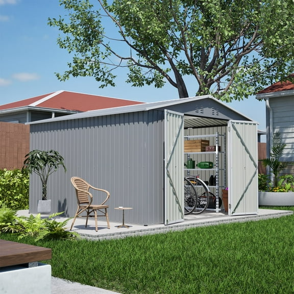 10x10 Ft Outdoor Storage Shed with Floor Frame, Metal Garden Tool Shed with Lockable Doors, Ideal for Backyard Garden Patio Lawn, Grey