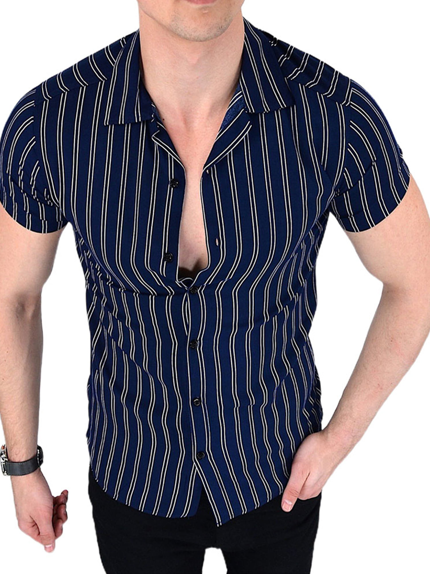 Mens Business Short Sleeve Shirt Stripe Print Casual Slim Tops Lapel Plus Size,Dark Blue,M