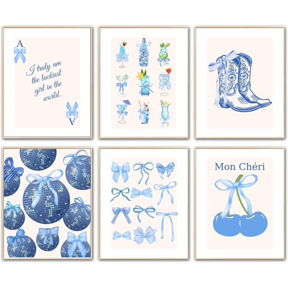 Blue Canvas Wall Art for Teen Girls – Aesthetic Preppy & Coquette Room Decor, Cute Bow Wall Posters for Trendy Bedroom & Dorm Room, Cozy Feminine Wall Art for Girls Room 8x10 inch Unframed