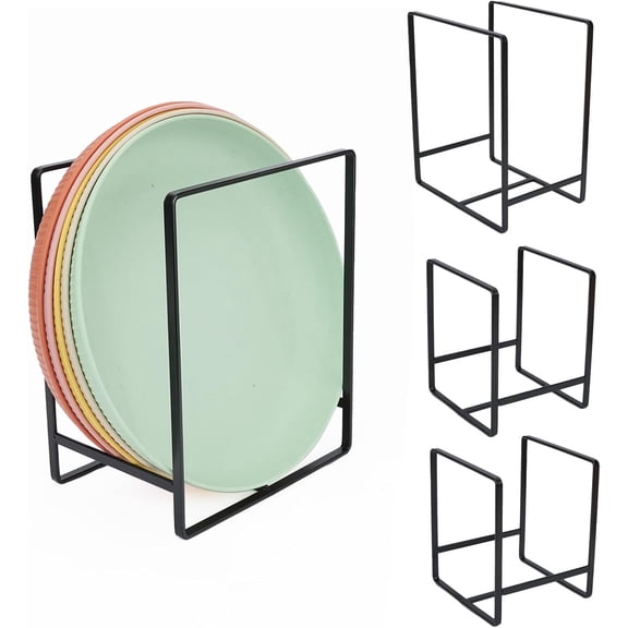 TPBSITNS 4 Pack Plate Holder Organizer for Cabinet Space Saver, Metal Dinner Dish Storage Rack, 2 Sizes Kitchen Storage Display for Plates, Pots, Pans, Cutting Boards, Black