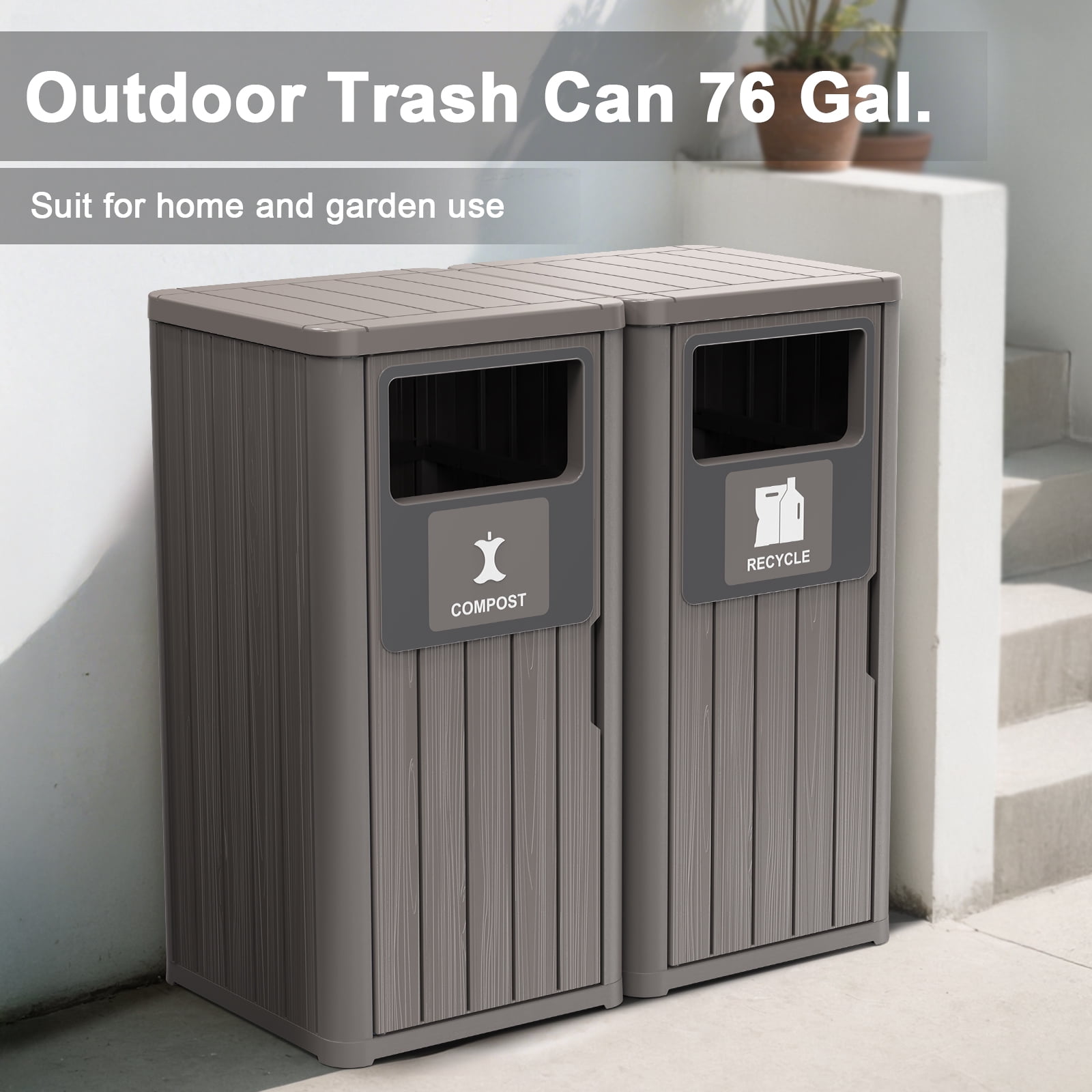 Outdoor Single Barrel Trash Can,Waterproof Resin Garbage Can with Garbage Labels,Durable Waste Bin for Porch, Backyard,Kitchen,for 30 to 39 Gallon Trash Bags（Gray，2)