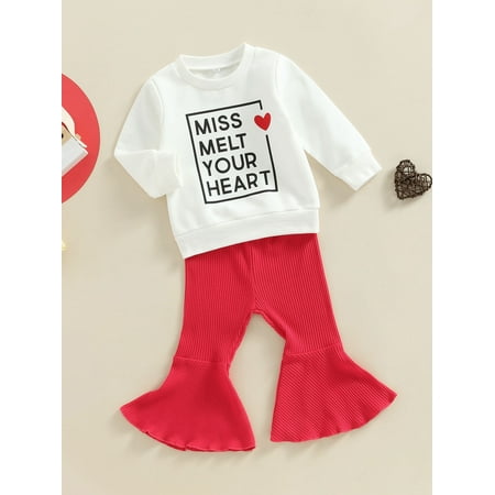 

Valentines Day Toddler Baby Girl Clothes Bell Bottom Outfit Long Sleeve Letters Sweatshirt Top Flared Pants Set (Red MELT You Heart 18-24 Months)