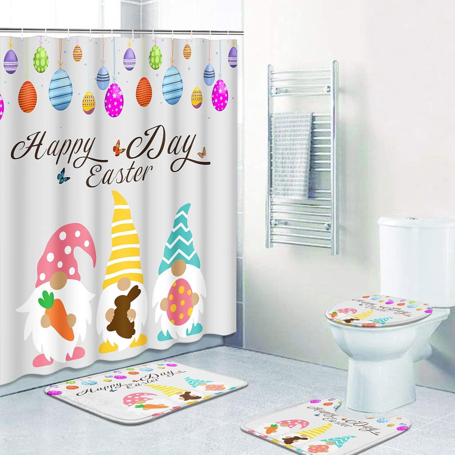 4 Pcs Shower Curtain Set Happy Easter Brown Bunny Bottom Pink Rabbit with Non-Slip Rugs Toilet Lid Cover and Bath Mat Bathroom Decor Set 72 x 72 inch
