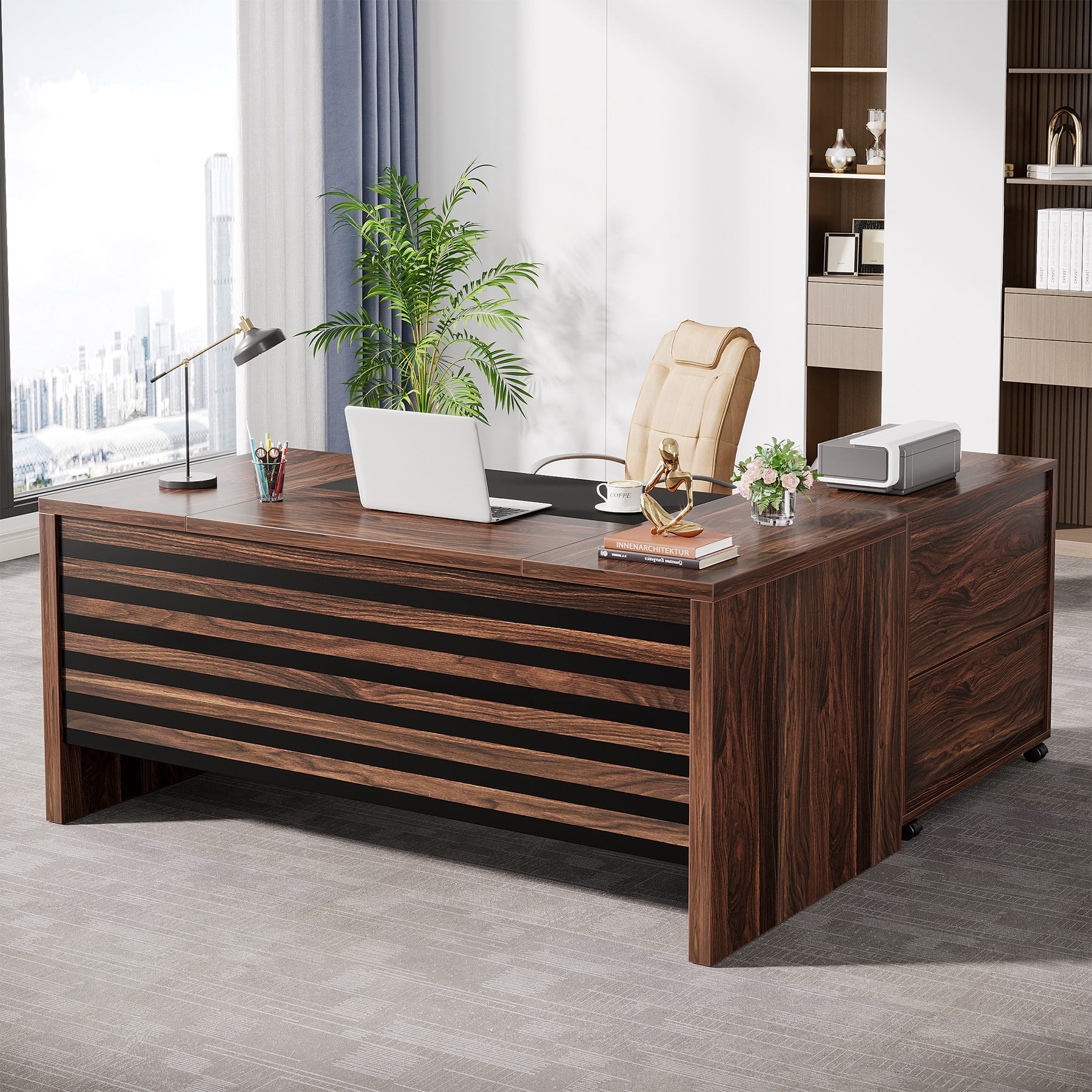 Tribesigns 62.2" Executive Desk with Mobile File Cabinet, L-Shaped Office Desk with Storage Shelves, Large Computer Desk Business Workstation Set for Home Office, Dark Brown