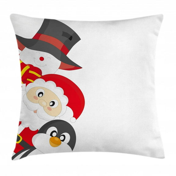 Christmas Throw Pillow Cushion Cover, Friendly Happy Santa Claus Penguin Snowman Festive Holiday Design, Decorative Square Accent Pillow Case, 18 X 18 Inches, Charcoal Grey Red White, by Ambesonne