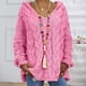 thumbnail image 5 of Suéter holgado de color liso con capucha y cuello en V y mangas largas de punto trenzado para otoño e invierno, ropa para mujer, 5 of 5