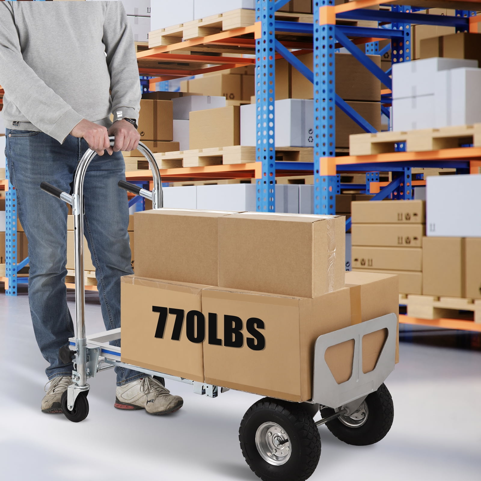 Heavy Duty 3-in-1 Aluminum Folding Hand Truck Dolly – Convertible Cart with 770 lbs Load – Collapsible, 4 Swivel Wheels & Brakes – Office, Warehouse, Furniture, Appliances, Moving, 46.5x19.7x40.6"
.6