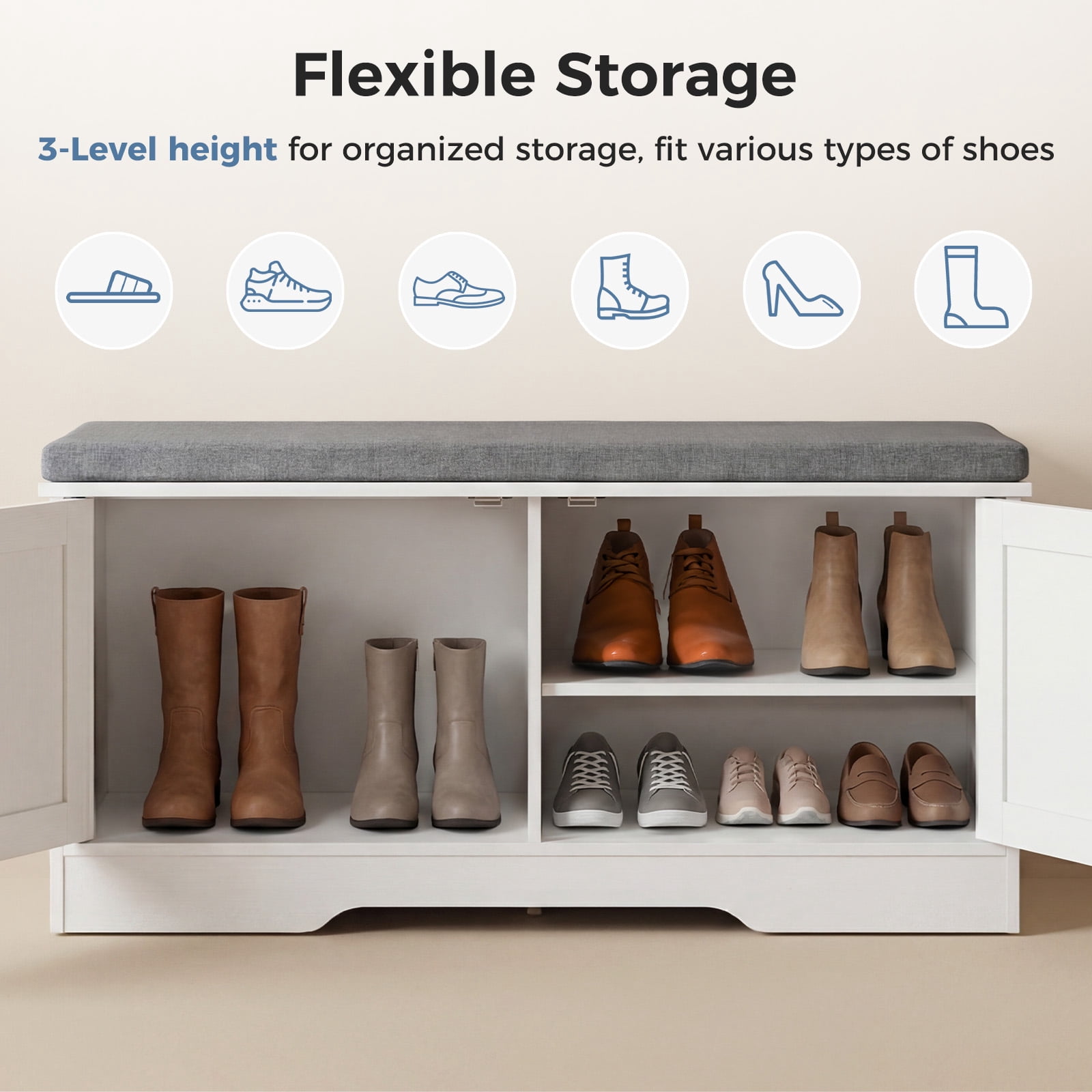 Hommoo Wooden Shoe Storage Cabinet with Cushioned Seat, 39-inch Modern Entryway Organizer for Living Room, Hallway & Bedroom, White & Gray