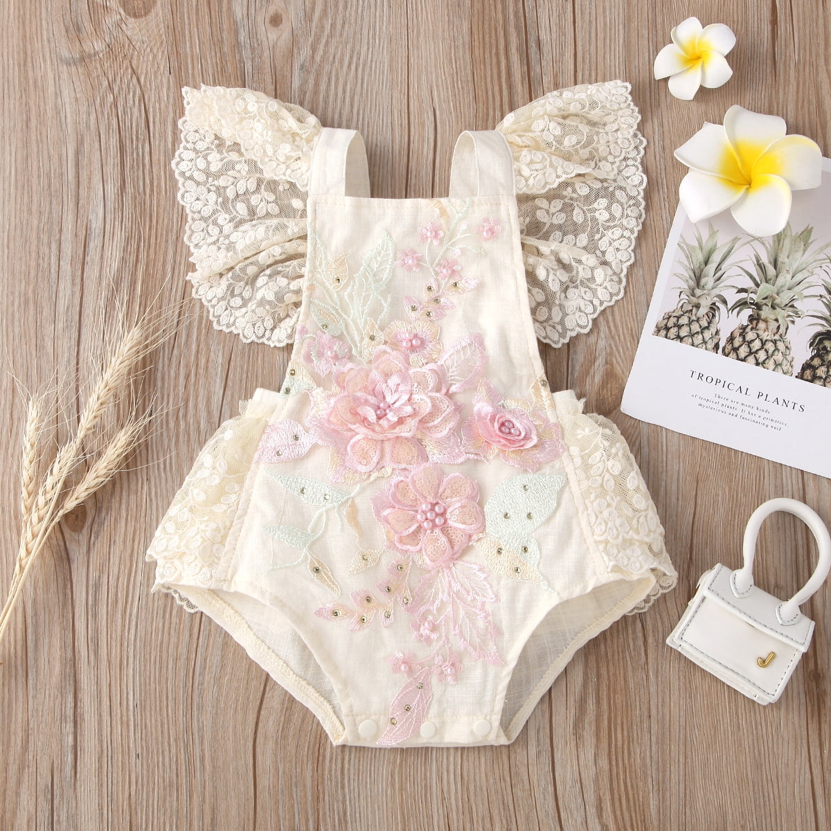 IBTOM CASTLE Baby Girls Lace Bodysuit Boho Clothes 1st Birthday Cake Smash Outfit Newborn Photography Outfits Summer Sunsuit 12-18 Months Apricot + Pink Flower