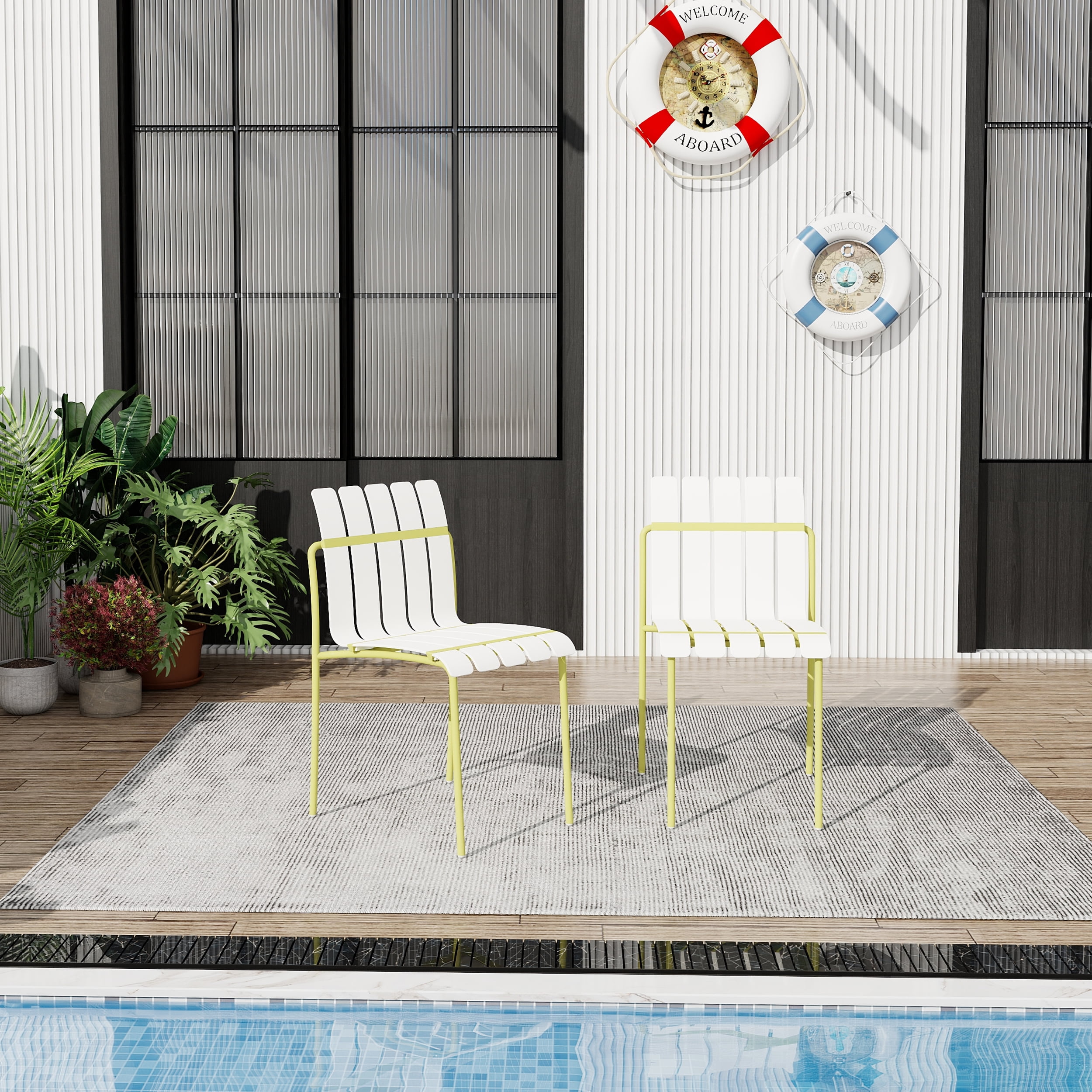 Outdoor Dining Chair, 4 Pack Striped Seat Leisure Chair for Garden Home Patio Outdoor, Cream White Grain Yellow