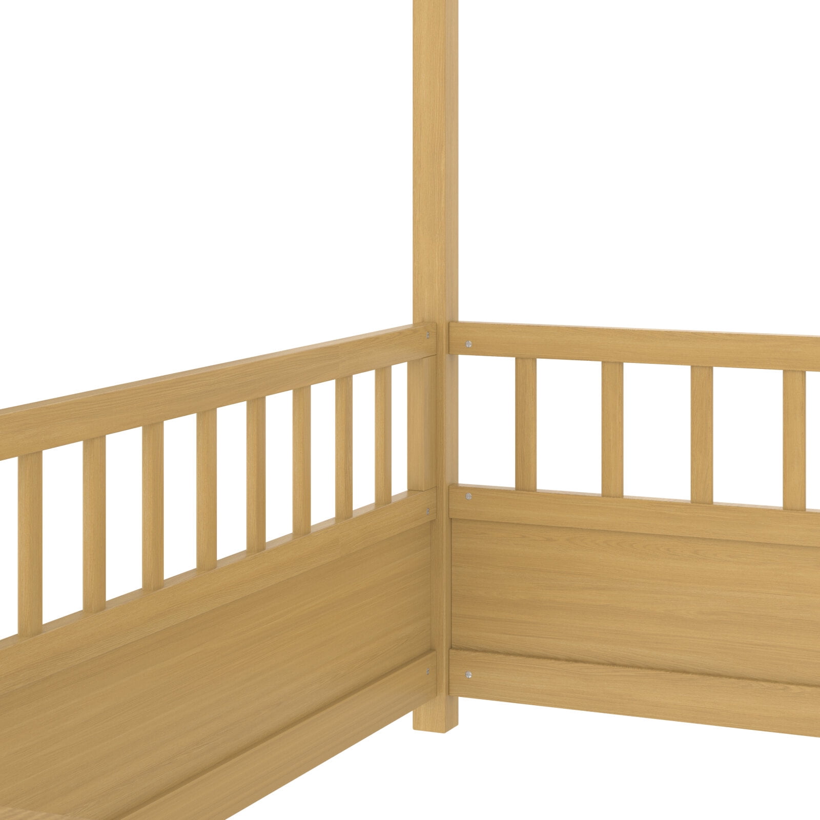 Twin Size Montessori Bed, Wooden Floor House Bed with 20" High Fence and Roof, Montessori Floor Beds Without Slats for Boys,Girls, Natural