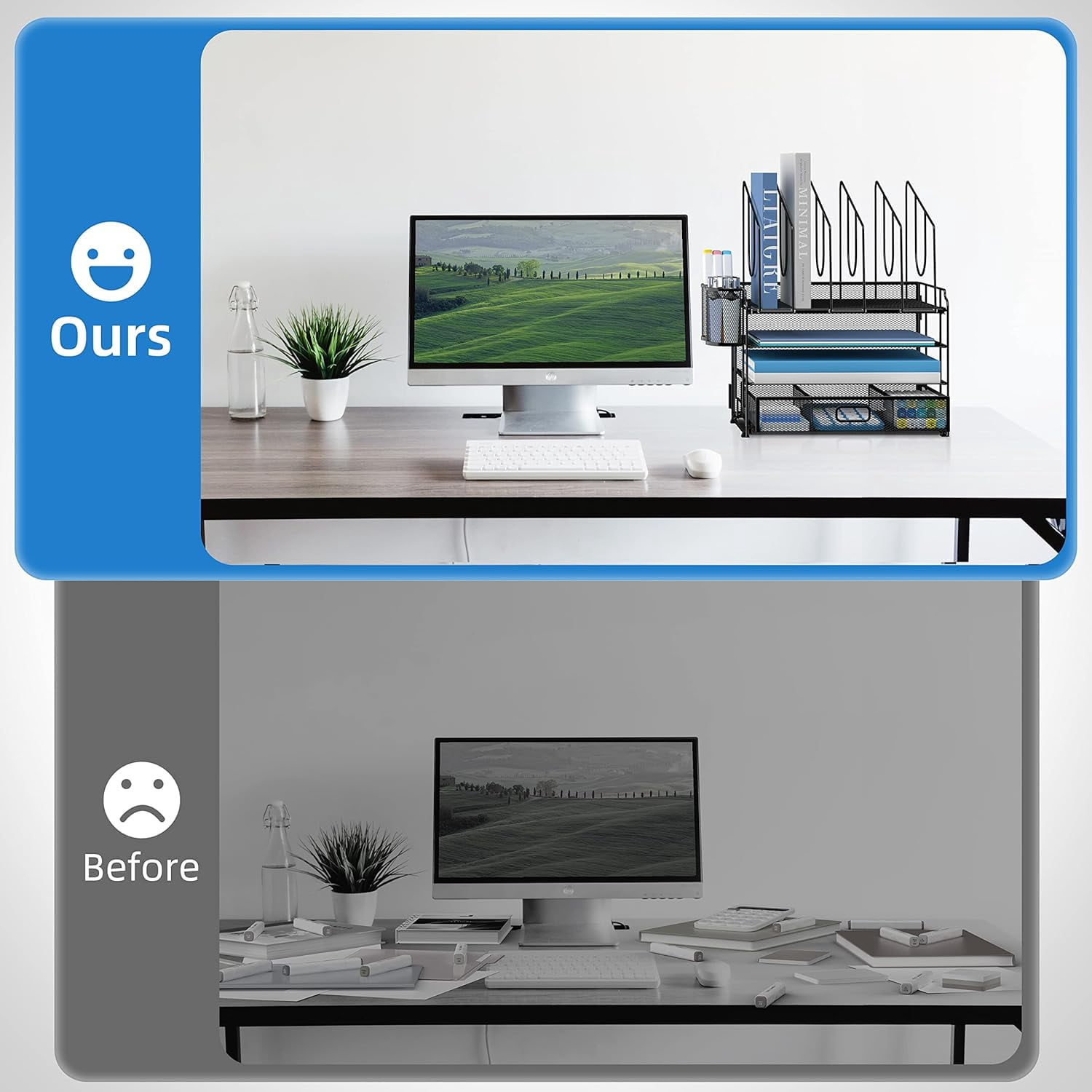 INTIGE 4-Tier Mesh Desk Organizer with Drawer, Desktop Organizer with 5 Vertical File Holders and 2 Pen Holders