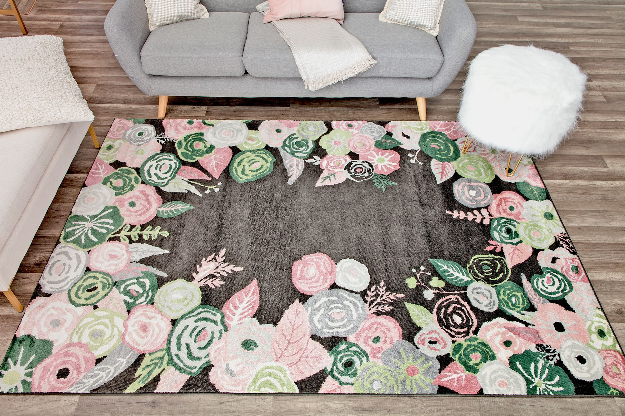 Rugs America Hanna VA35C Royal Blossom Pink Onyx Floral Transitional Black Area Rug, 9'x12'
