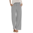 thumbnail image 4 of Linen Pants for Women - Casual Summer Drawstring Elastic Waist Straight Leg Long Trousers with Pockets Summer High Waisted Beach Pants, Gray, XL, 4 of 7