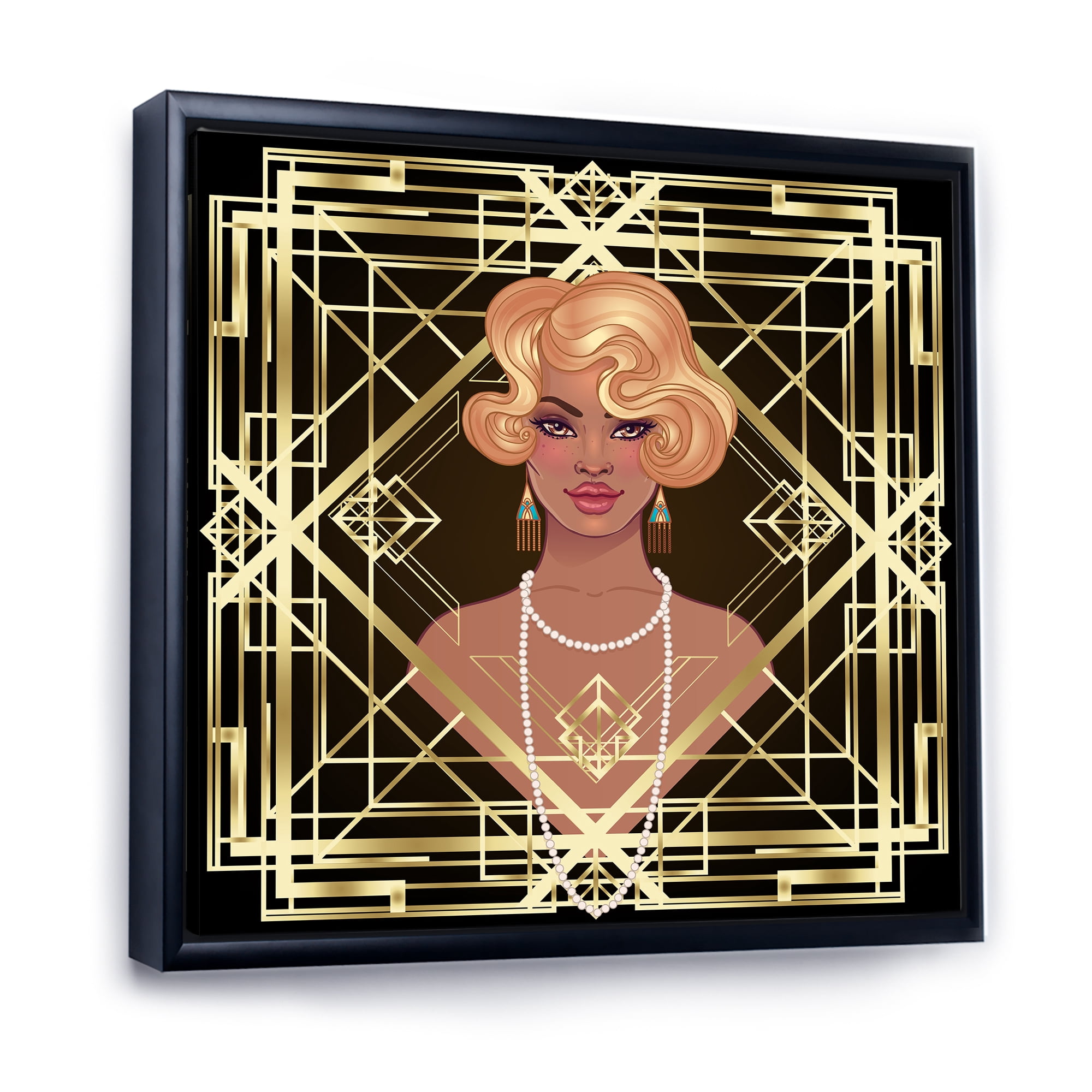 Designart 'Retro Girl In Golden Art Deco Geometrics III' Modern Framed Canvas Wall Art Print