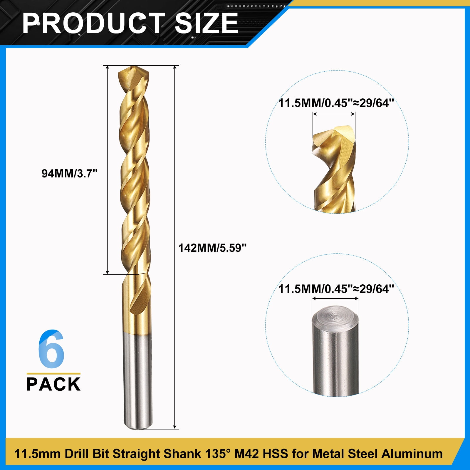 Uxcell 11.5mm Drill Bit, M42 8% Cobalt High-Speed Steel Jobber Straight Shank 135° Titanium Nitride (TiN) Coated for Hard Metal Stainless Steel - 6 Pack