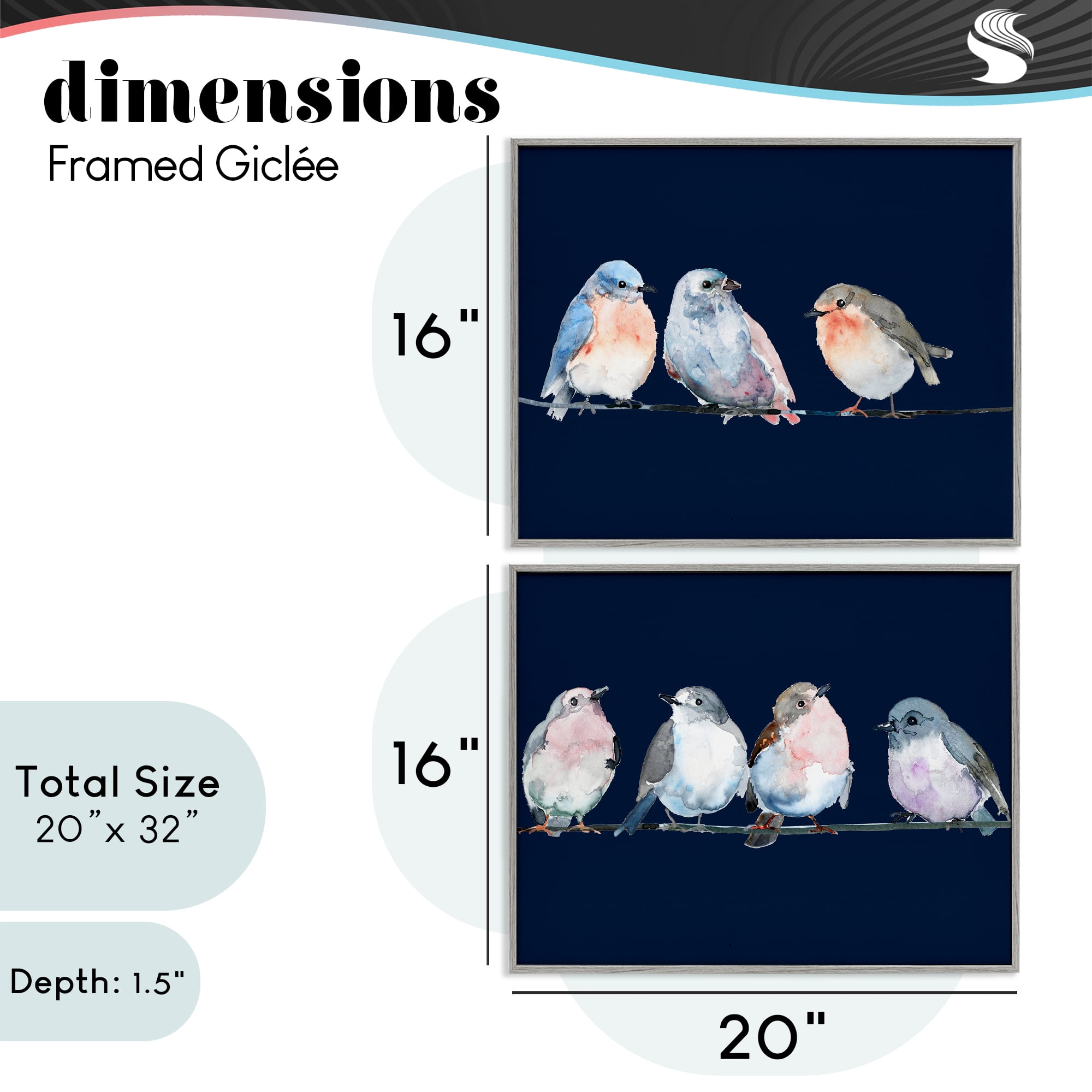 Stupell Industries Perched Navy Toned Birds 2 Piece Gray Framed Giclee Art Set, design by Lorenzo Collective