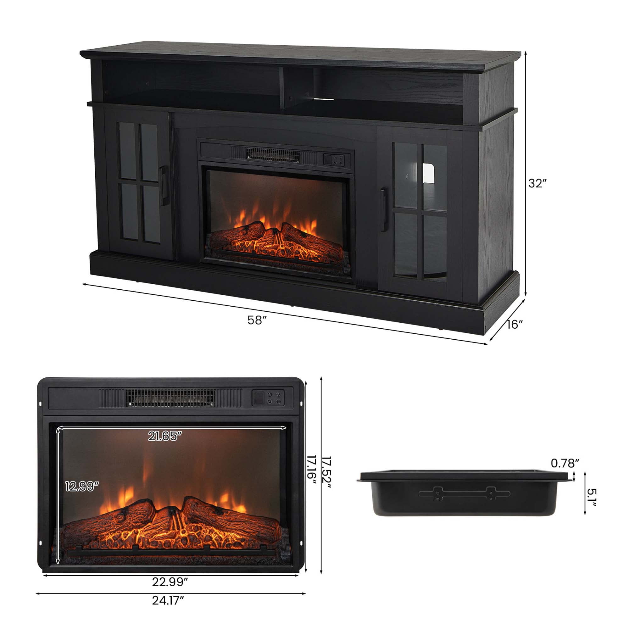 Costway 58'' Fireplace TV Stand W/ 1400W Electric Fireplace for TVs up to 65 Inches Black