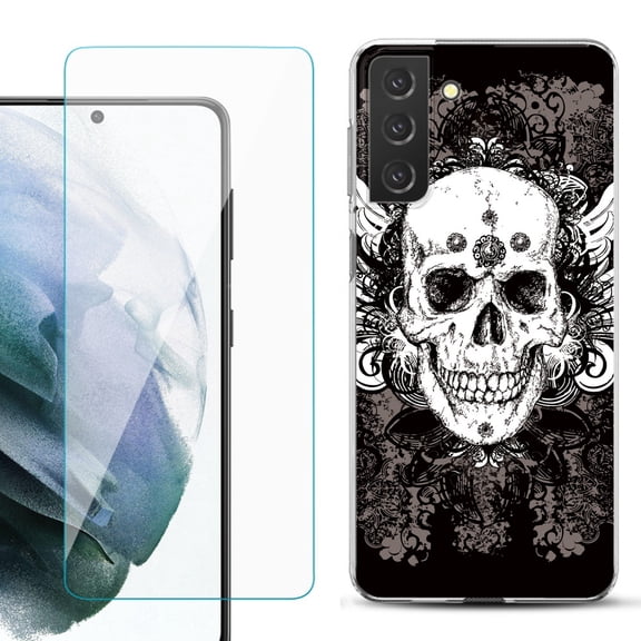 Slim-Fit TPU Fashion Phone Case for Samsung Galaxy S21 FE 5G Fan Edition, with Tempered Glass Screen Protector, by OneToughShield ® - Grunge Skull