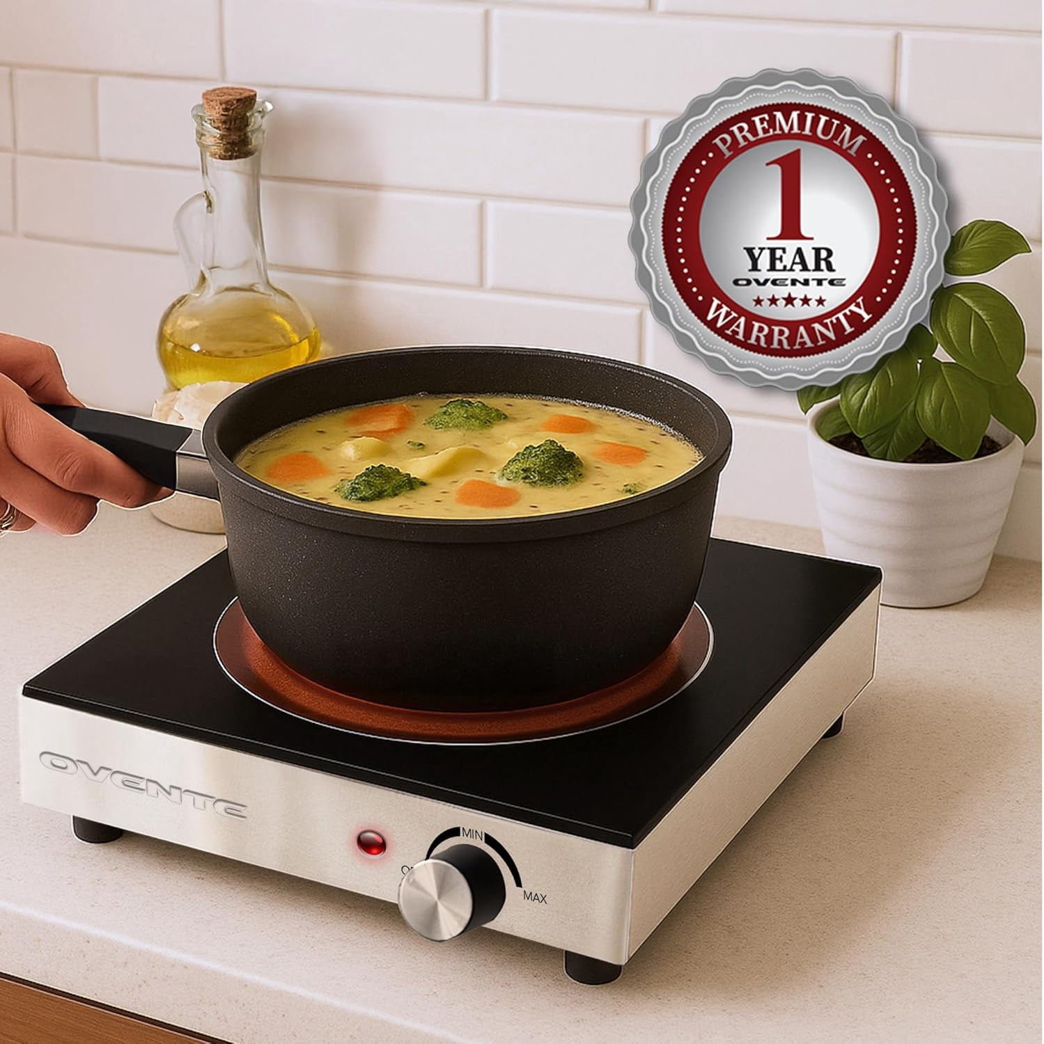 OVENTE Infrared Ceramic Single Burner, 1200W Electric Countertop Hot Plate with Black Crystalline Glass, Portable Stainless Steel Cooktop for Home, Office, or Dorm Use, Black BGI301GB