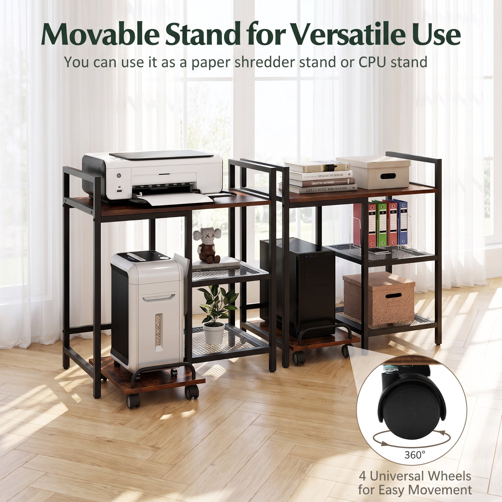 Furnibear Printer Stand with Charging Station and Storage Shelves for Home Office Printer Machine Under Desk Storage, Rustic Brown