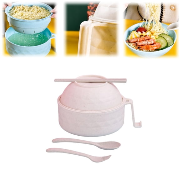 Olilia Microwave Ramen Bowl with Lid, 2025 New Ramen Noodles Bowl Set with Chopsticks, Spoon and Fork, Ramen Bowl Microwavable Portable Ramen Cooker, Apartment Essentials (Beige)