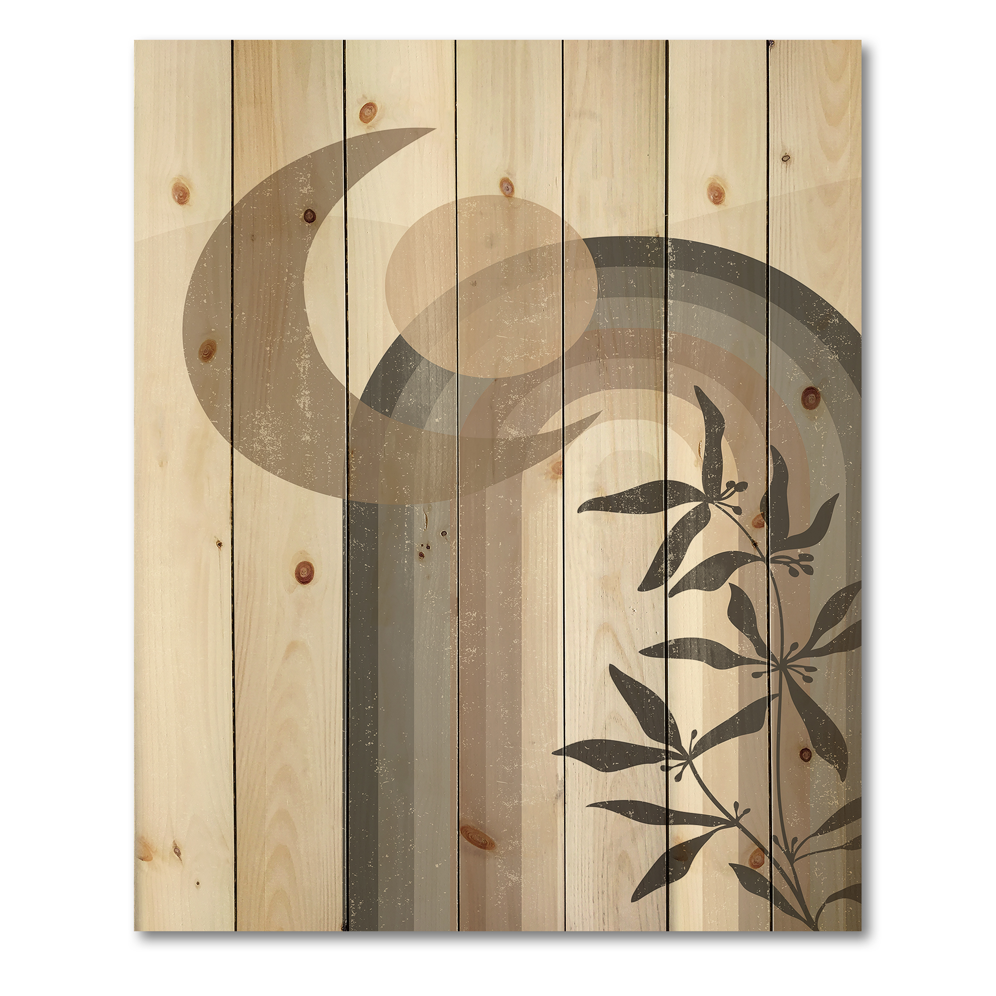 Designart 'Abstract Moon and Sun In Gray and Blue' Modern Print on Natural Pine Wood
