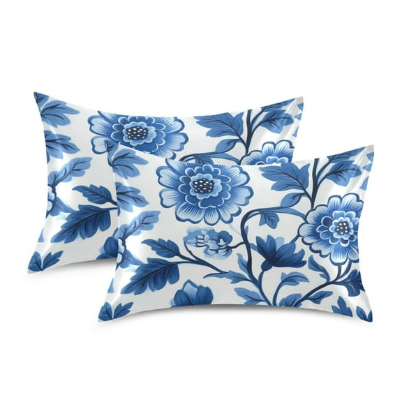 Yayeee Pillowcase Standard Size Set of 2 Satin Wrinkle Resistant Pillow Case, Blue Floral Pattern