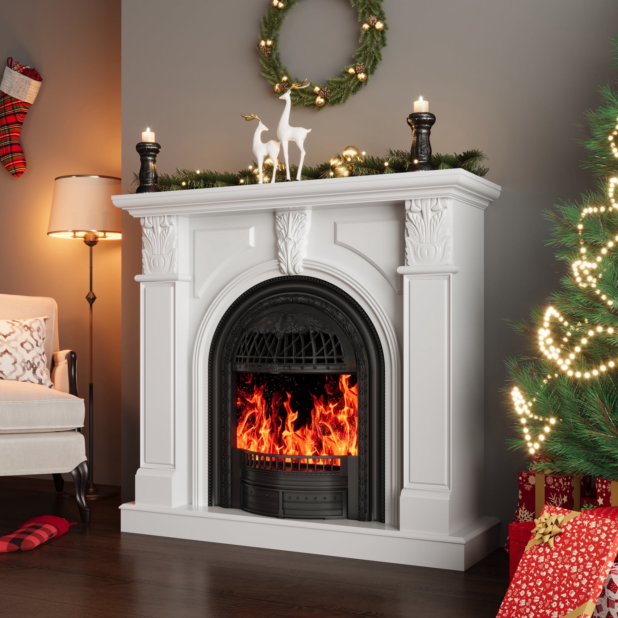 BOSHIRO Electric Fireplace with Mantel, 48 Inch Fireplace Tv Stand with Birdcage Fireplace Heater for Bedroom, Entryway Decor