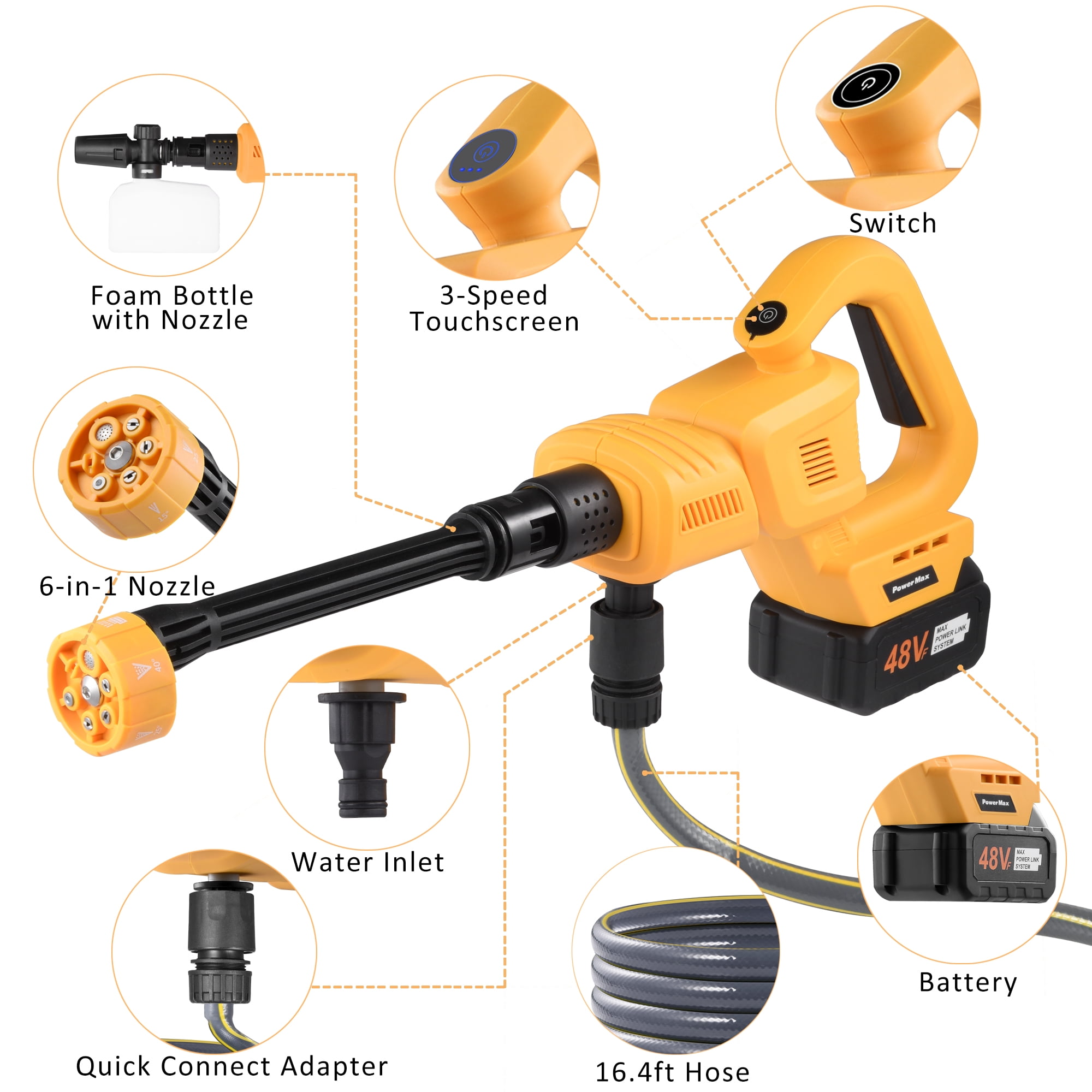 OIEXI Cordless Pressure Washer,652PSI Portable Power Washer with 2 Batteries,3-Speed Touchscreen Adjustable Battery Pressure Washer with 6-in-1 Nozzle,Great for Cleaning Windows,Patio,Cars(Yellow)