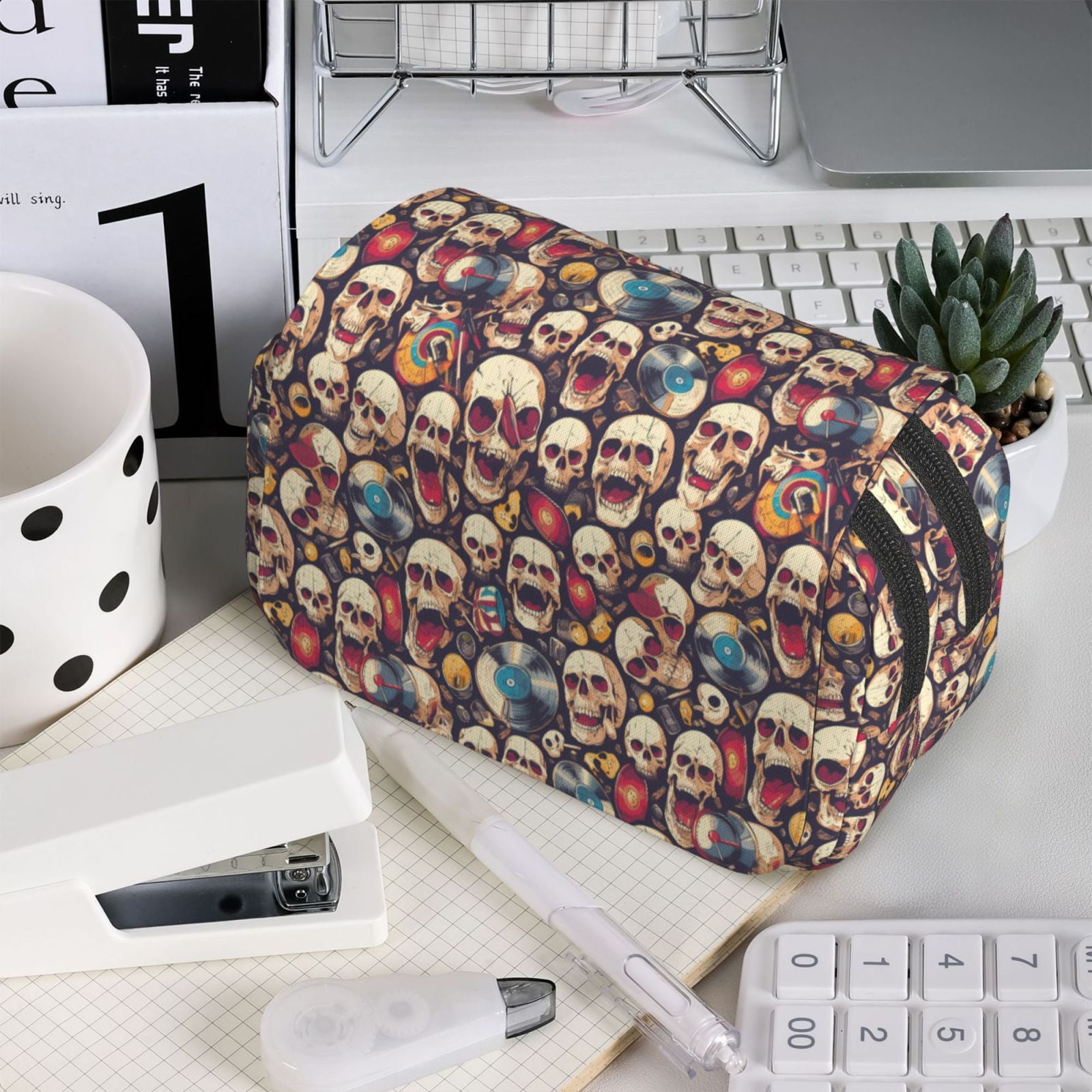 Rateoe rock record music Skull Pattern Double Clamshell Pen Case, Storage Organizer with Two Zipper Compartments– Holds Up to 50 Pencils & Pens