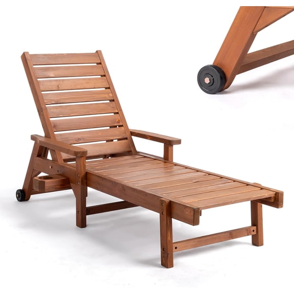 Ktaxon Outdoor Wood Chaise Lounge Chair, Adjustable 4-Position Recliner w/ Wheels & Cup Holder for Patio Poolside, Brown