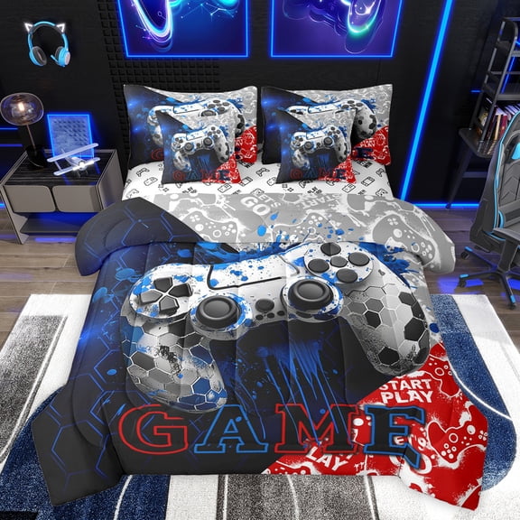 Feelyou Video Gamer Gamepad Twin Bedding Sets 7-Piece, Blue Red Watercolor Splatter Bedding Comforter Set, Honeycomb Abstract Reversible Sheet Sets, Lightweight Room Decor